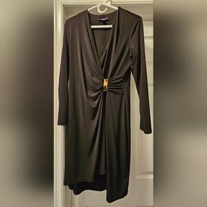Chaps Women's Navy Black Cinched Long Sleeve Faux Wrap Dress size 12